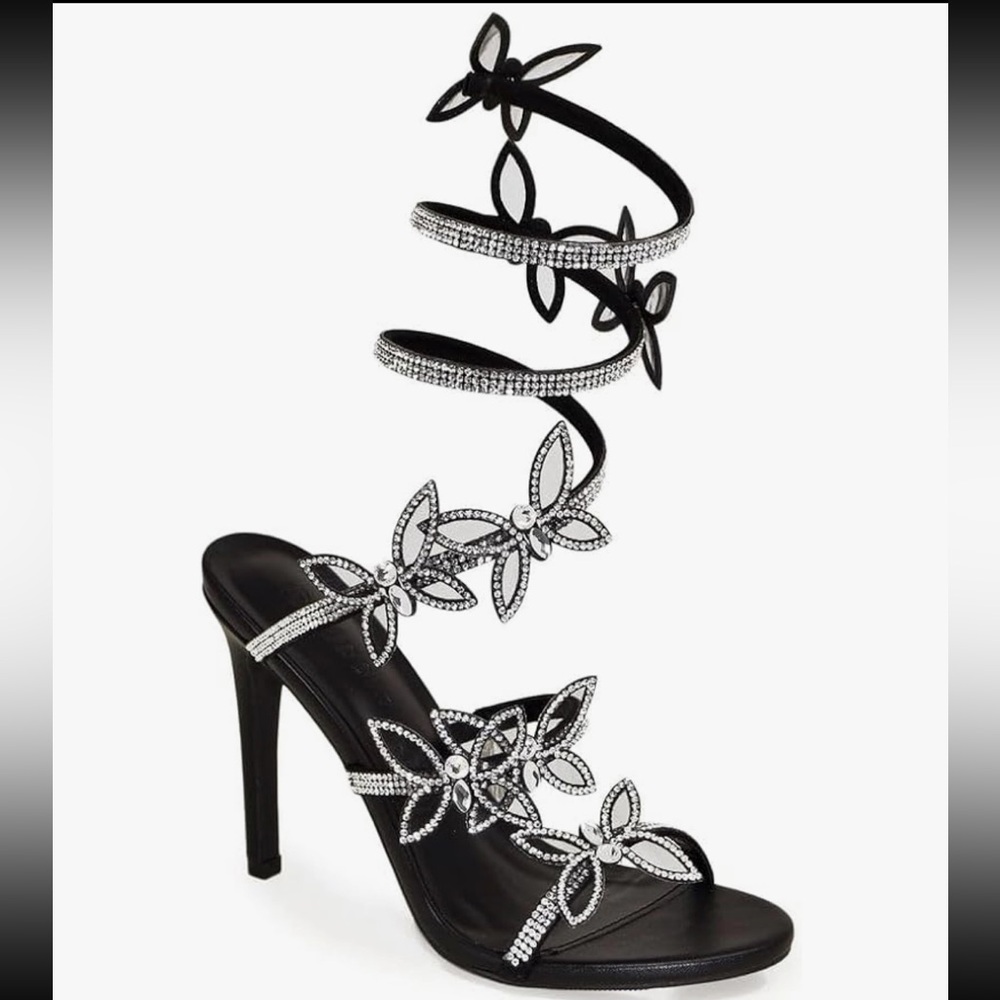 Wild Diva Black Heels with Rhinestone Floral Design